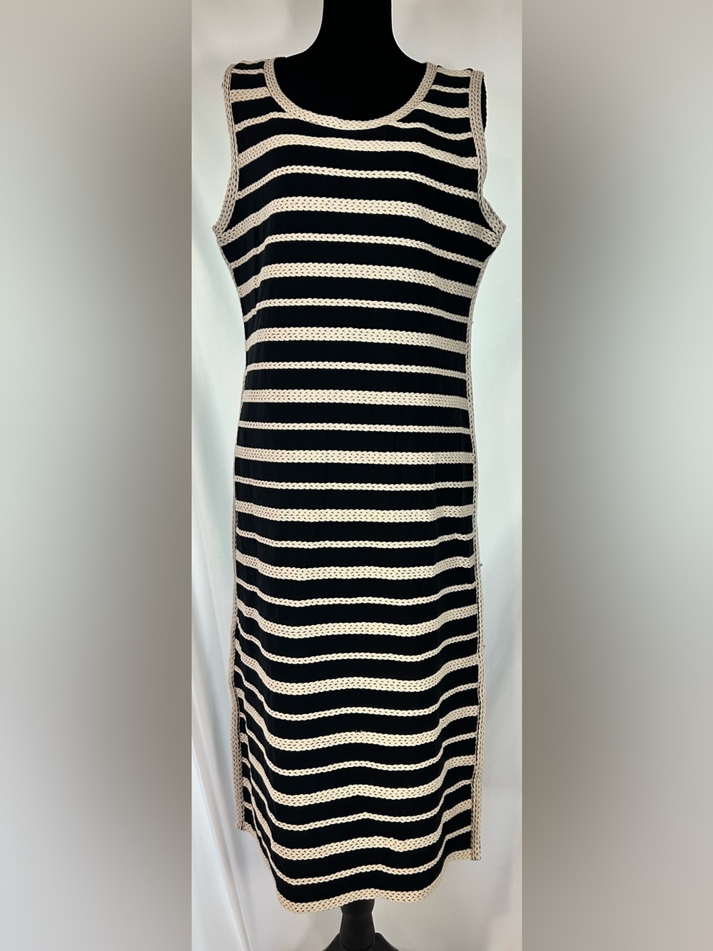 Max Studio Black Cream Rope Stripe Sleeveless Midi Dress XL Cotton